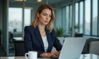 Femme d'affaires concentrée travaillant sur son ordinateur dans un bureau moderne