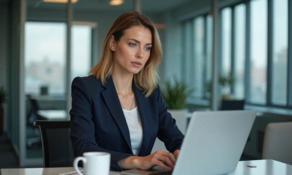 Femme d'affaires concentrée travaillant sur son ordinateur dans un bureau moderne
