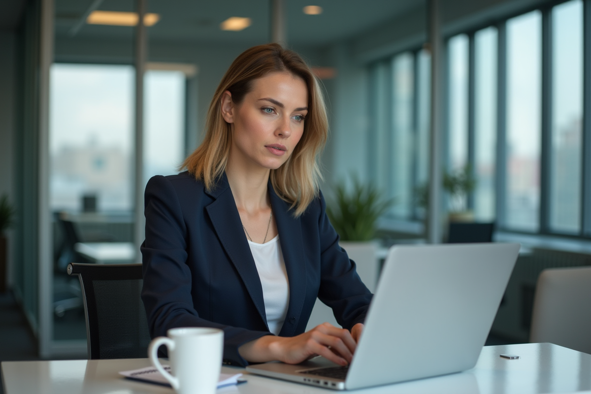 Femme d'affaires concentrée travaillant sur son ordinateur dans un bureau moderne