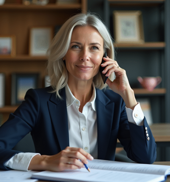 Femme d'affaires parlant au téléphone dans un bureau moderne
