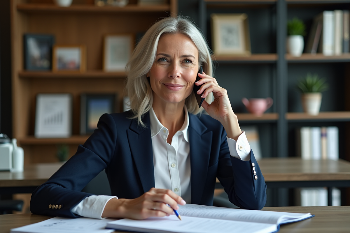 Femme d'affaires parlant au téléphone dans un bureau moderne