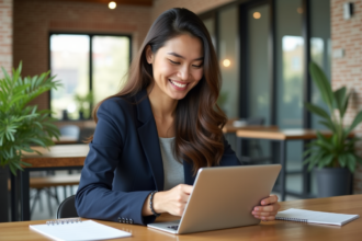 Jeune femme en visioconference dans un bureau moderne