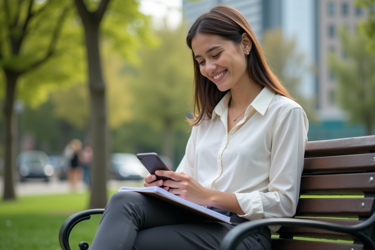 Jeune femme en ville prenant des notes sur son smartphone