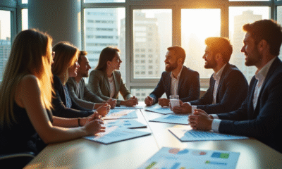 Groupe de professionnels en réunion sur la durabilite en entreprise