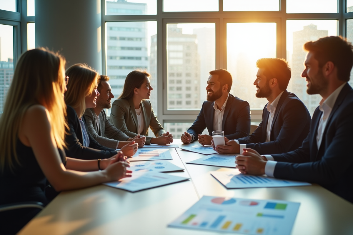 Groupe de professionnels en réunion sur la durabilite en entreprise