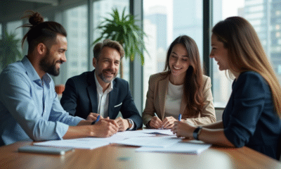 Quatre adultes en réunion de travail dans un bureau moderne