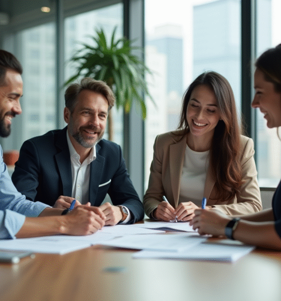 Quatre adultes en réunion de travail dans un bureau moderne