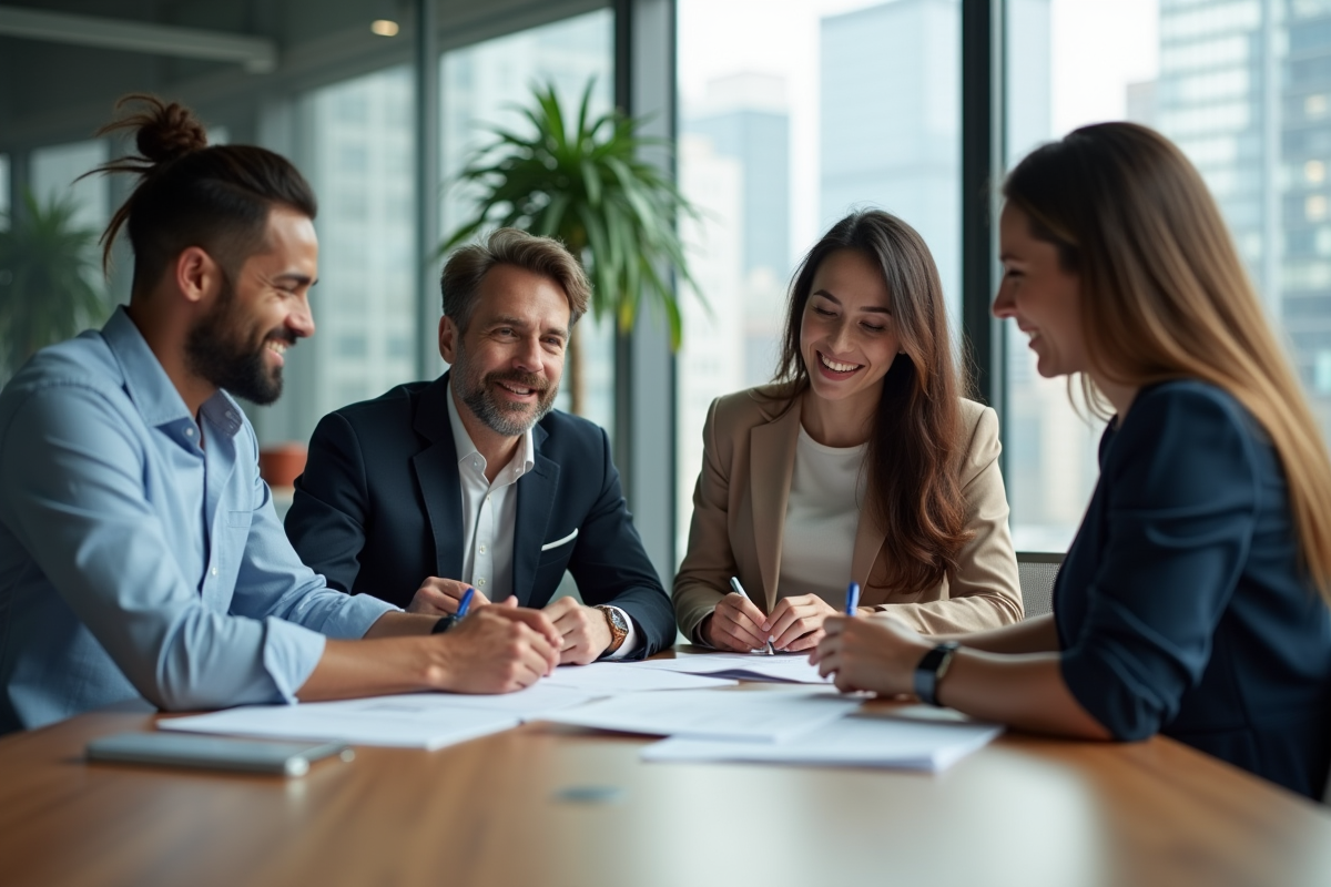 Quatre adultes en réunion de travail dans un bureau moderne