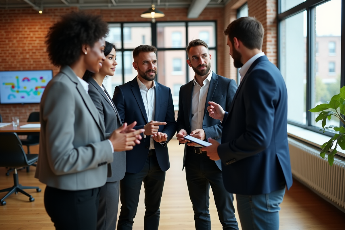 Groupe de quatre collègues discutant autour d un écran digital