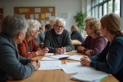 Groupe de Français discutant autour d'une table dans un centre communautaire