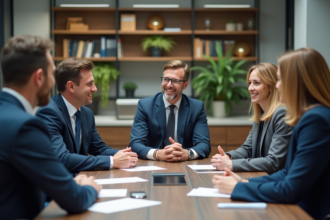Groupe de professionnels en réunion dans un bureau moderne
