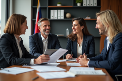 Groupe de professionnels en réunion dans un bureau moderne