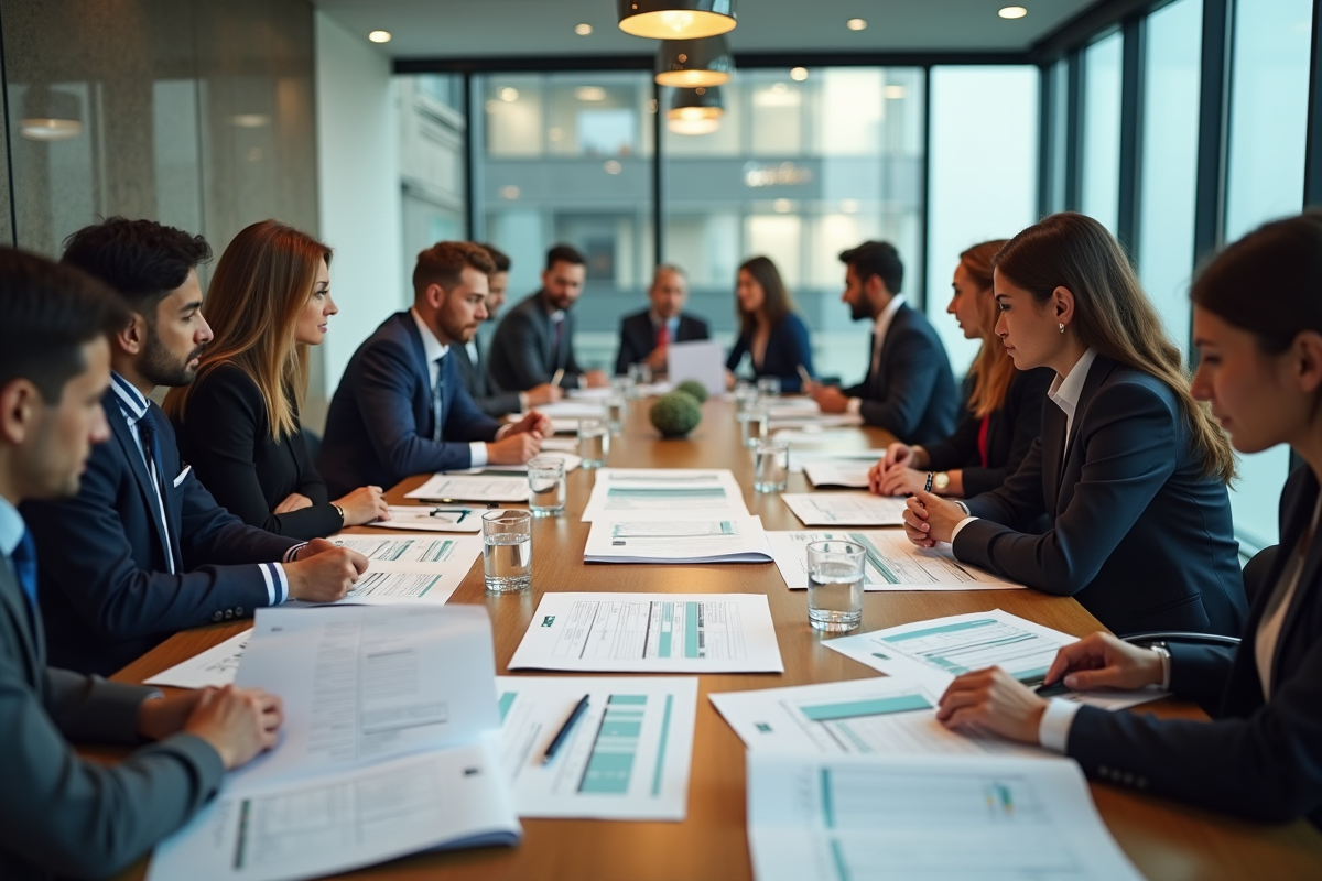 Groupe de professionnels analysant des documents de salaire en réunion