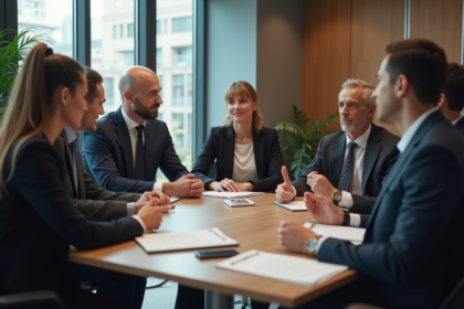 Groupe de professionnels en réunion dans un bureau moderne