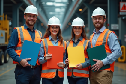 Groupe de professionnels avec dossiers de sécurité sur site industriel