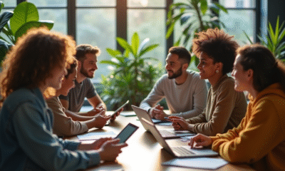 Groupe de jeunes adultes en coworking discutant avec table moderne