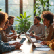 Groupe de jeunes adultes en coworking discutant avec table moderne
