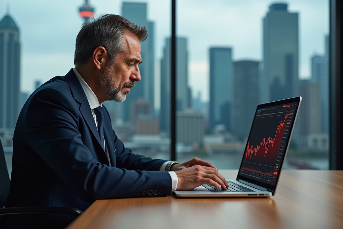 Homme d'affaires regardant des graphiques de cryptomonnaie à Toronto