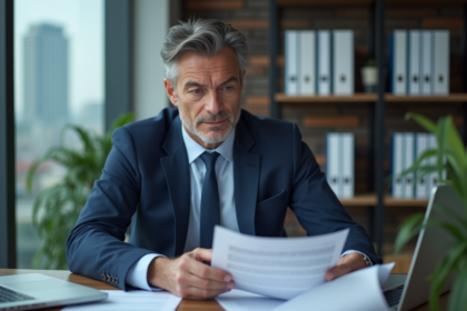 Homme d'affaires en costume bleu dans un bureau moderne
