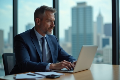 Homme d'affaires en costume bleu regardant son ordinateur