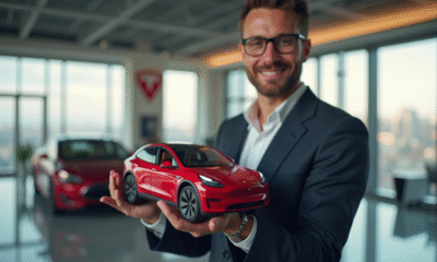 Homme d'affaires confiant tenant une mini Tesla rouge dans un bureau moderne