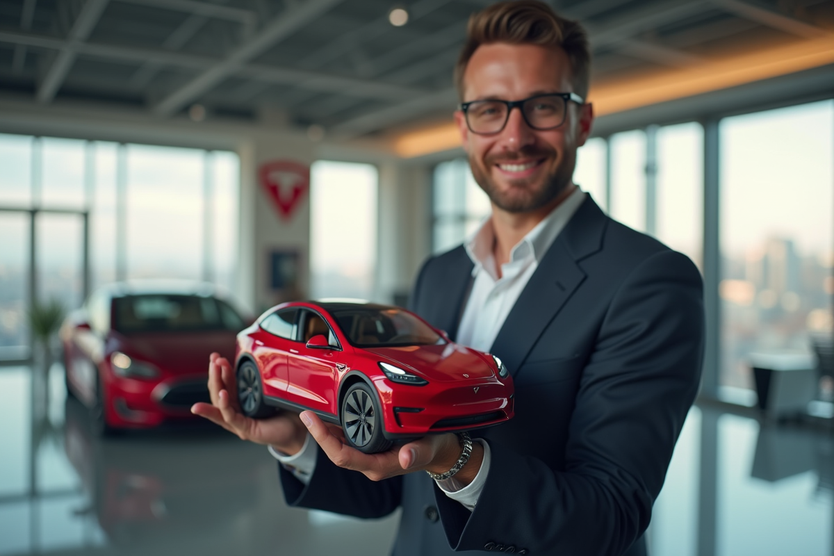 Homme d'affaires confiant tenant une mini Tesla rouge dans un bureau moderne