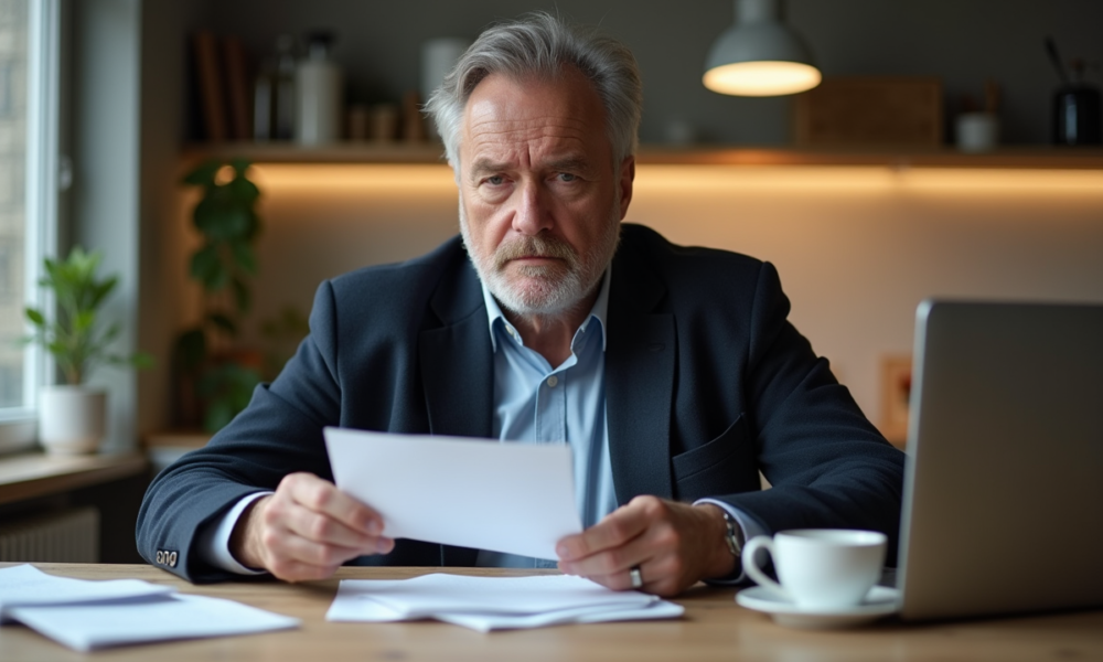 Homme d'âge moyen lisant une lettre dans sa cuisine