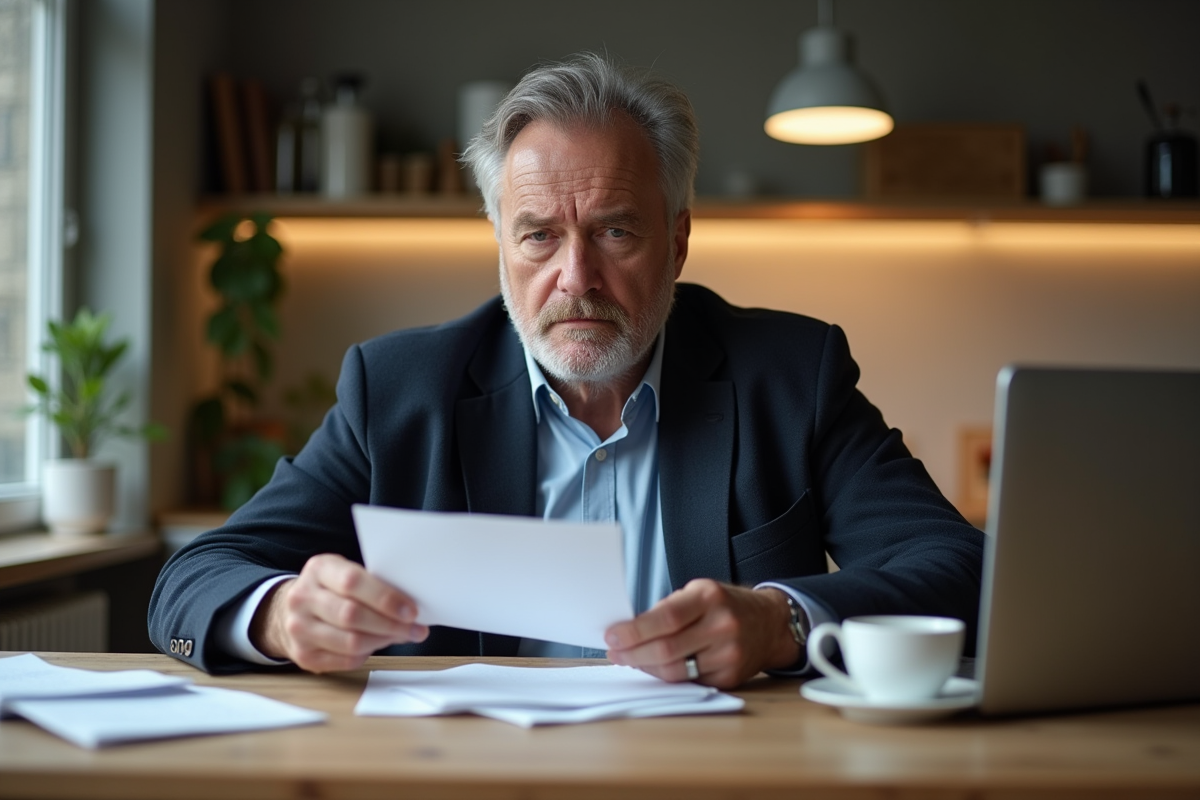 Homme d'âge moyen lisant une lettre dans sa cuisine
