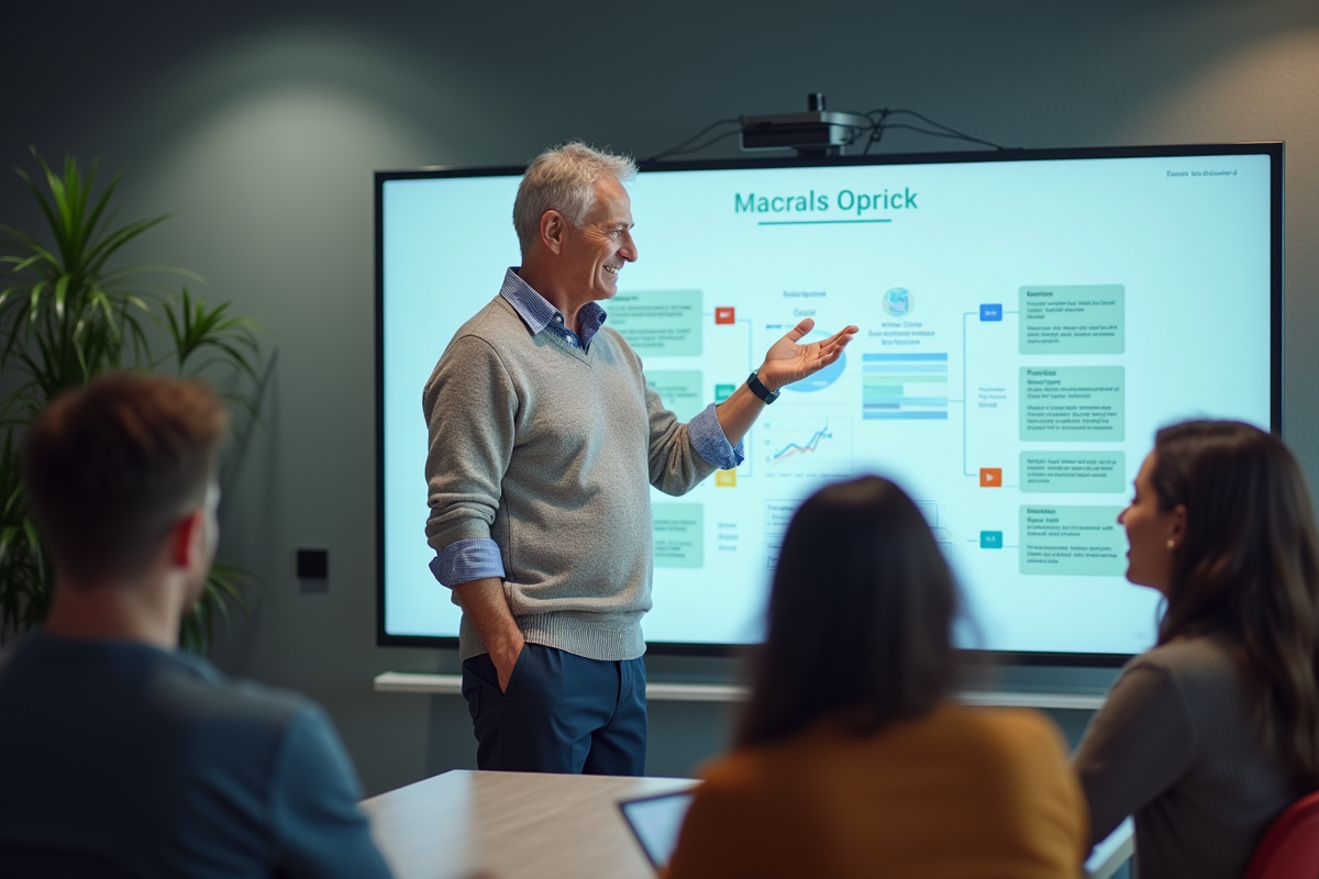 Homme en réunion expliquant un diagramme ICP devant un tableau interactif