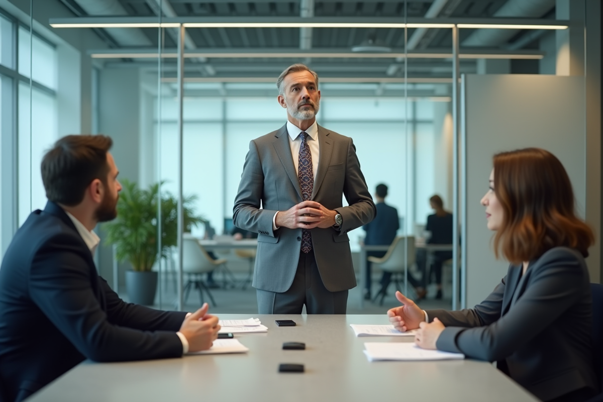 Homme en costume présente son CV à un panel d