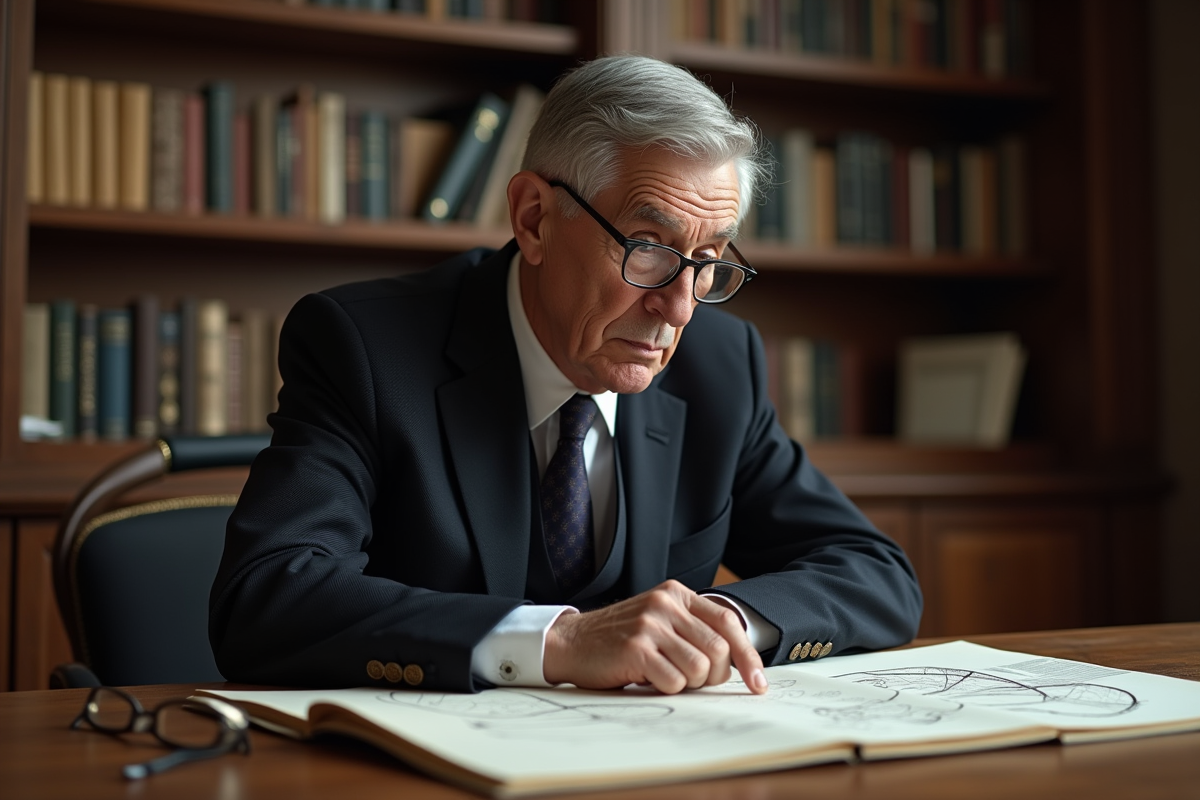 Homme senior en costume dans un bureau avec documents anciens
