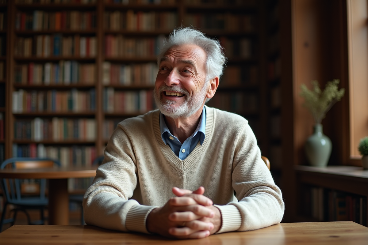 Homme senior souriant dans une bibliothèque chaleureuse
