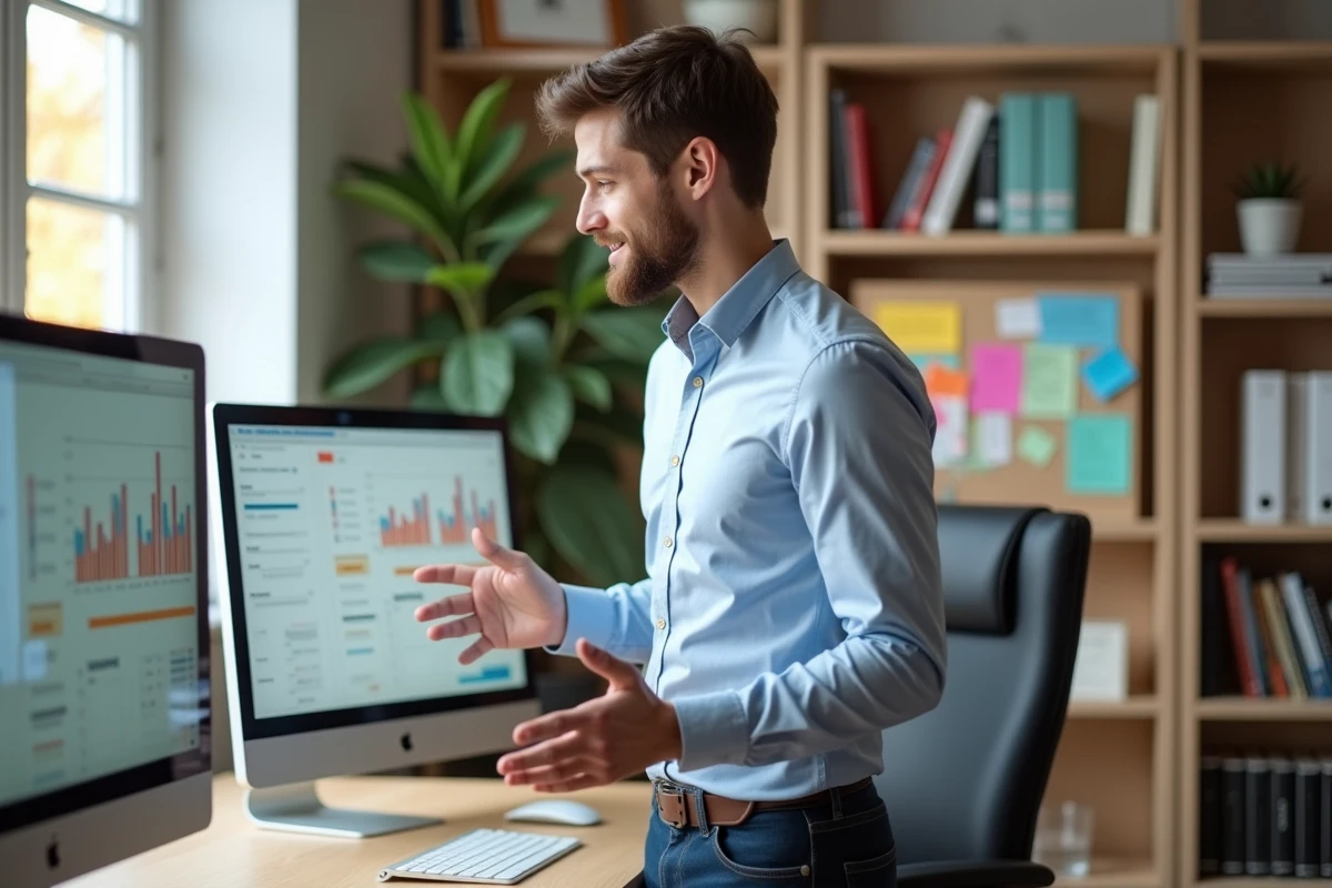 Jeune homme en télétravail analysant des données sur un grand écran