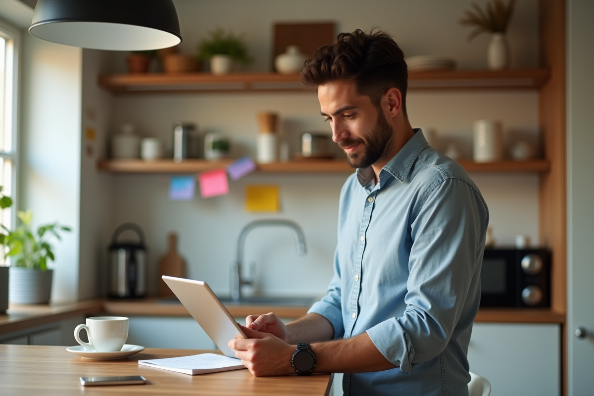 Jeune homme professionnel vérifiant ses emails de vente à la maison