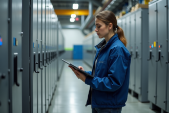 Jeune femme ingénieure inspectant une batterie industrielle