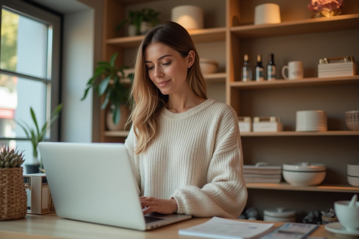Jeune femme commerçante utilise un ordinateur dans sa boutique