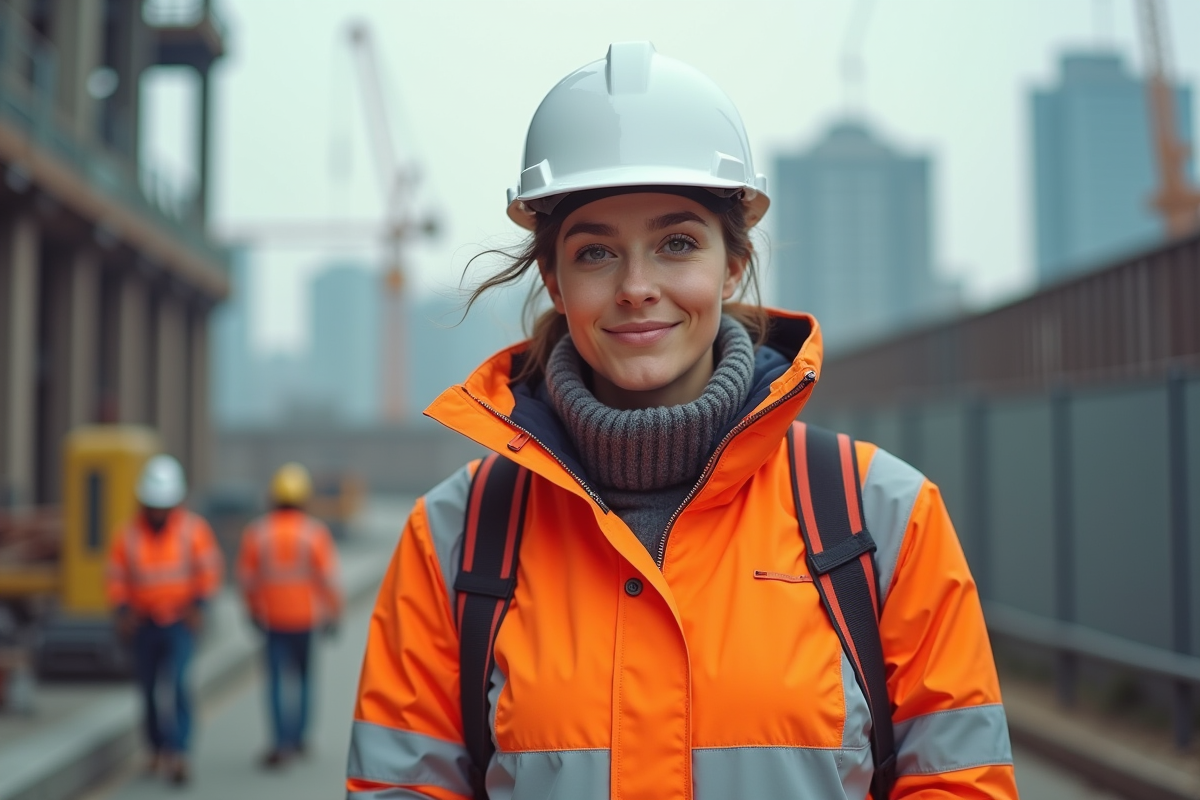 Jeune femme en équipement de sécurité sur un chantier