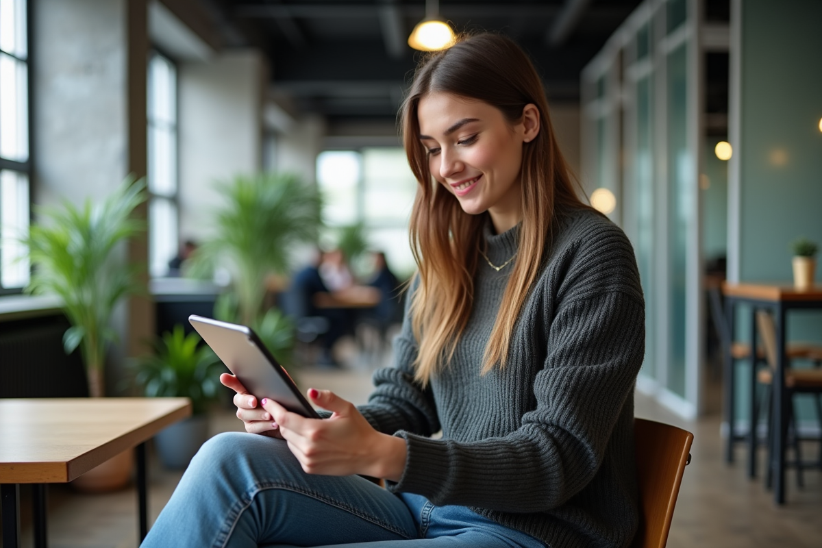 Jeune femme en coworking utilisant une tablette pour chiffrer