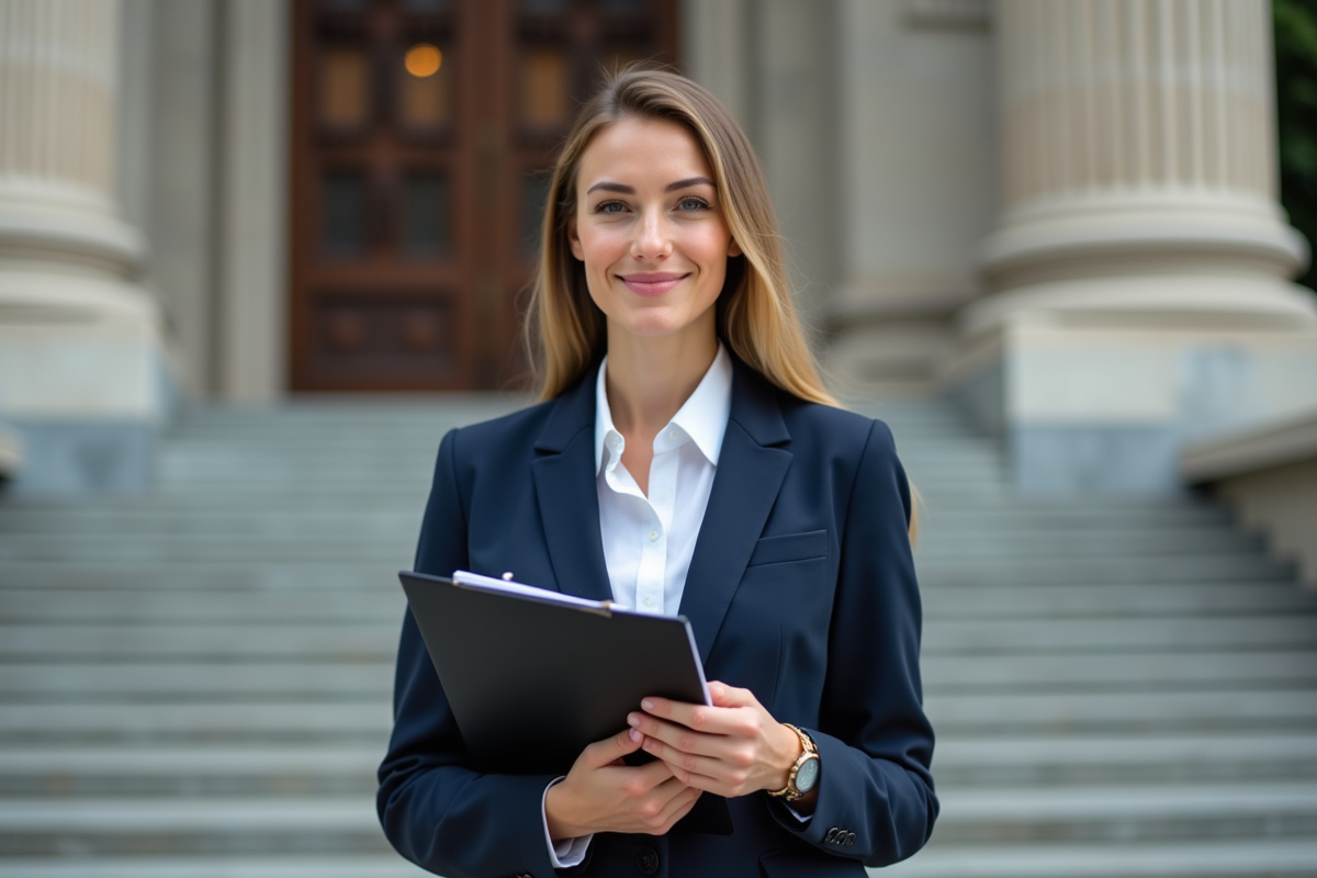 Jeune femme fonctionnaire posant devant un bâtiment officiel