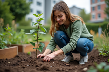 Jeune femme en jardin urbain plante un jeune arbre