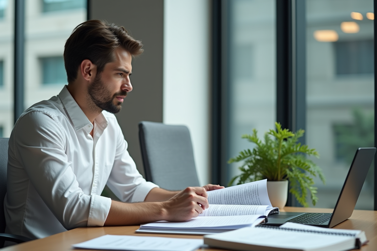 Jeune homme étudiant des livres de logistique