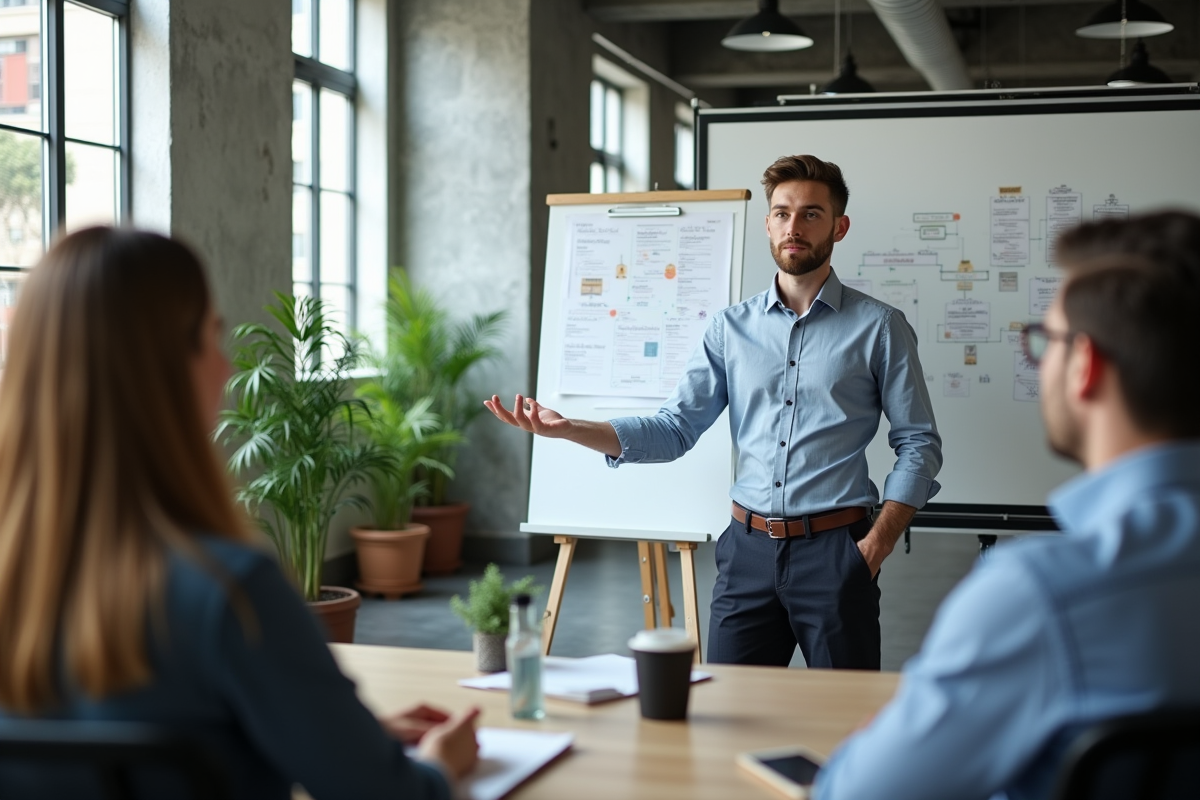 Jeune homme en smart casual présentant un diagramme à ses collègues