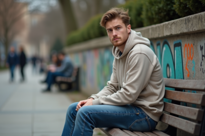 Jeune homme en ville assis sur un banc contemplant