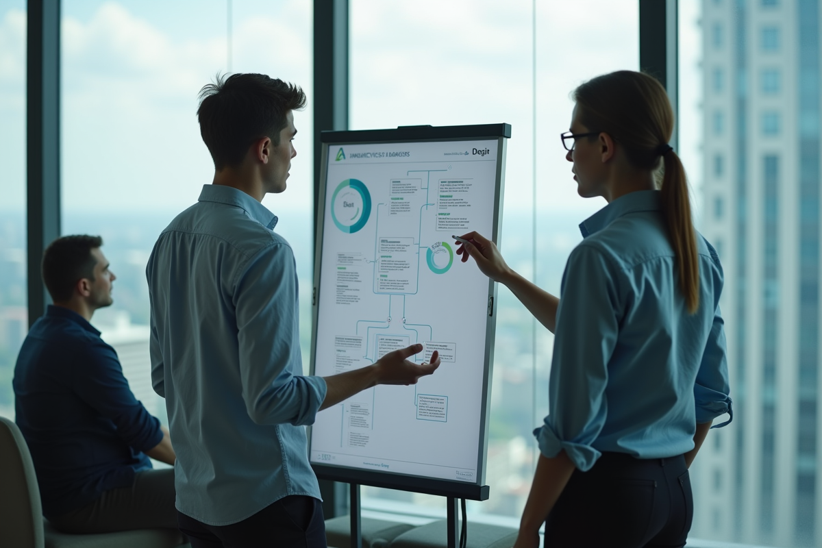 Jeune manager en chemise discute avec collègues en réunion
