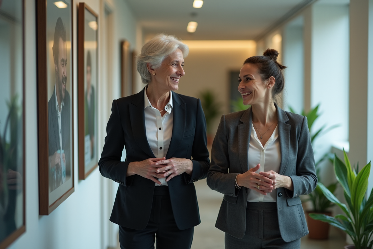 Femme plus agee guidant une jeune collegue dans un couloir d office