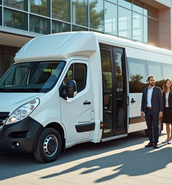 Minibus blanc moderne devant un bureau avec professionnels