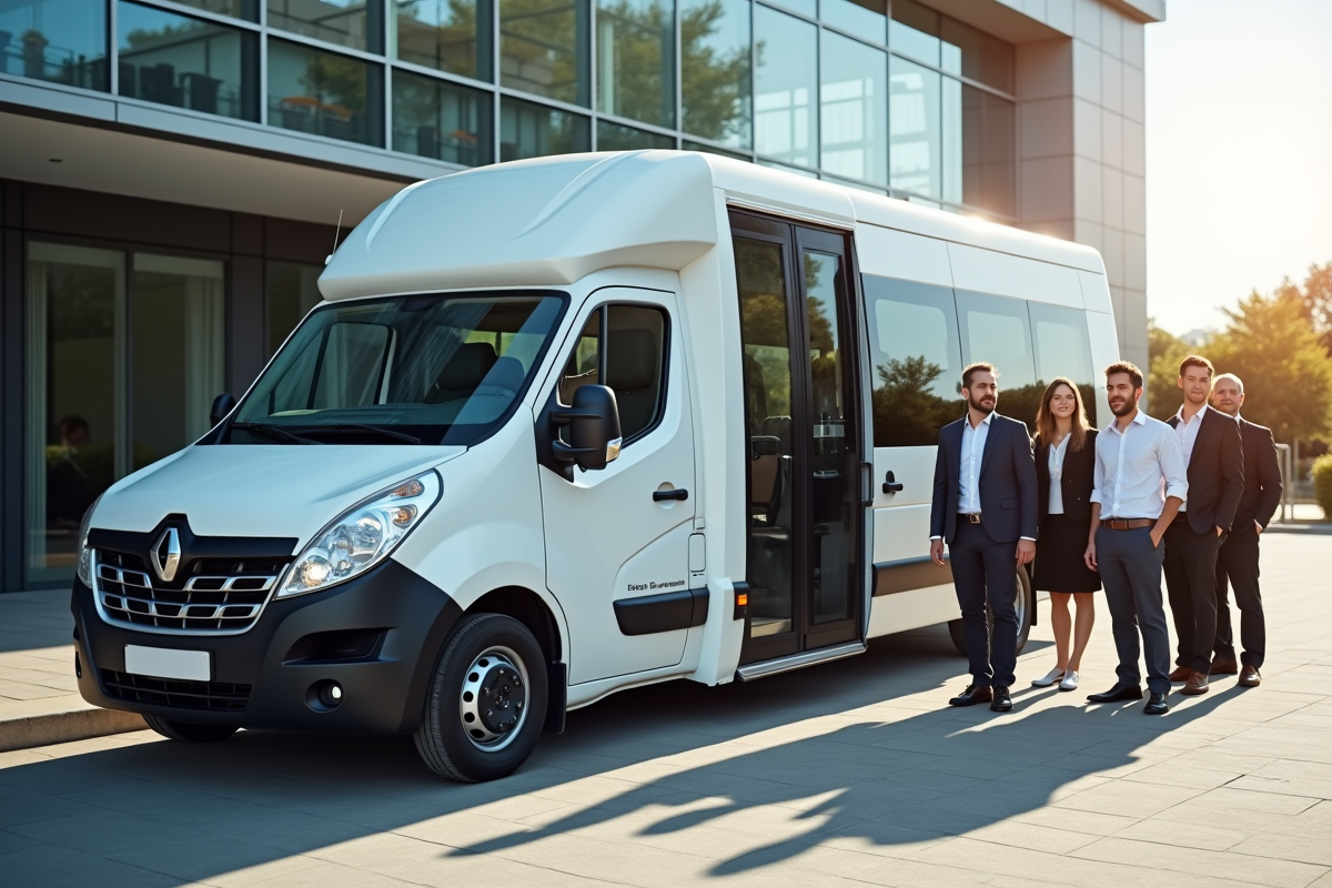 Minibus blanc moderne devant un bureau avec professionnels