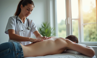 Osteopathe examinant doucement le dos d'un patient dans une clinique lumineuse