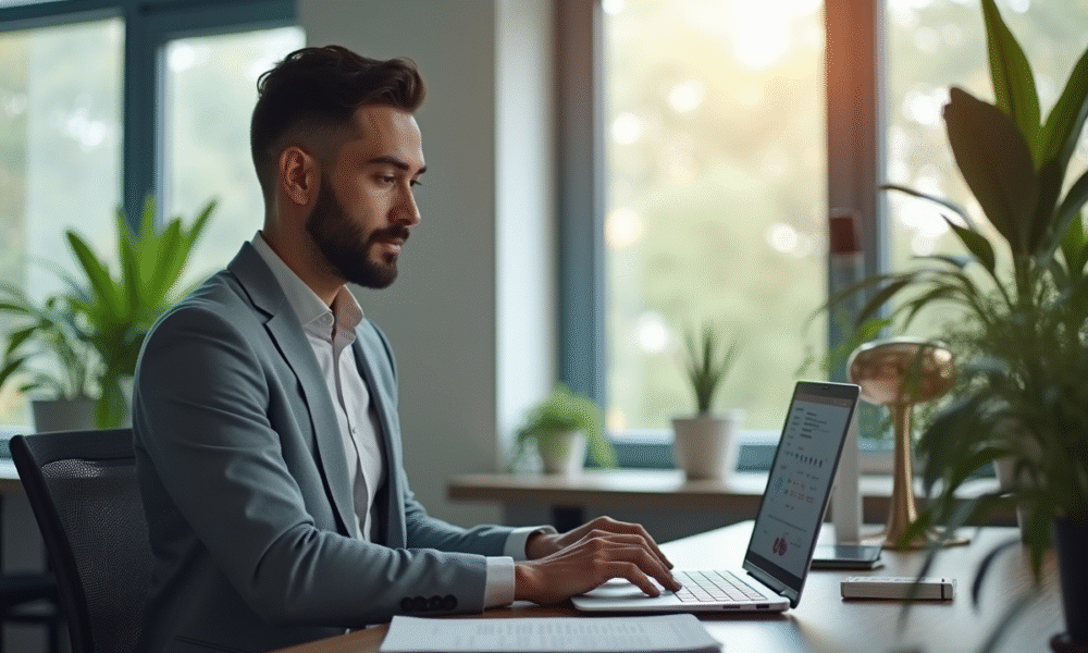 Professionnel au bureau analysant email marketing