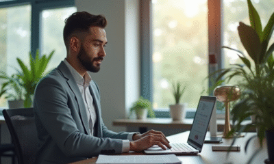 Professionnel au bureau analysant email marketing